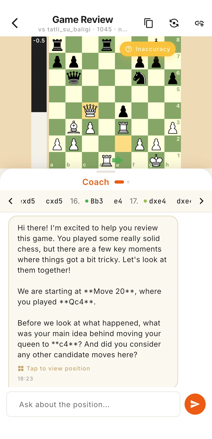 The Chessdrive AI Coach explaining a move in plain language during a game review
